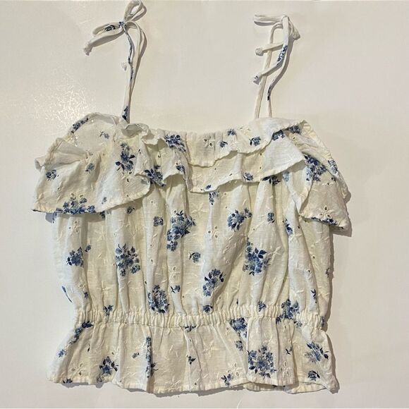 American Eagle Ruffled Tie Strap Floral Linen Blend Eyelet Crop Top Women's Med. - Picture 4 of 15